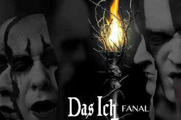 Dunkles Plattencover des Albums "Fanal" der Band "Das Ich": Auf der einen Seite ist ein doppeltes Porträt von Bruno Kramm zu sehen. Auf der anderen ein doppeltes Porträt von Stefan Ackermann, dazwischen eine dornige Kerze (einziger farbiger Bereich im Bild)